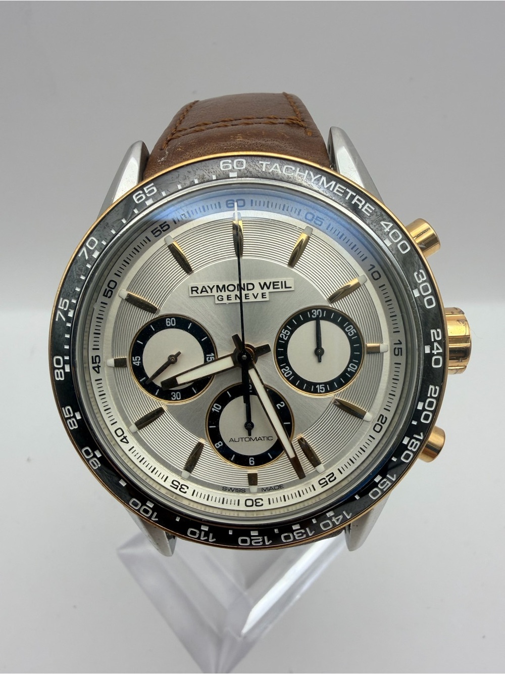 Raymond Weil Silver Dial Chronograph with Gold Accents and Brown Leather Strap